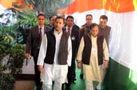 Congress vice president Rahul Gandhi with Ahmed Patel and other party leaders during a press conference at AICC headquarters in New Delhi, India on 28th December 2016. (Photo: Tribhuvan Tiwari/Outlook). Congress vice president Rahul Gandhi with Ahmed Patel and other party leaders during a press conference at AICC headquarters in New Delhi, India on 28th December 2016. (Photo: Tribhuvan Tiwari/Outlook).